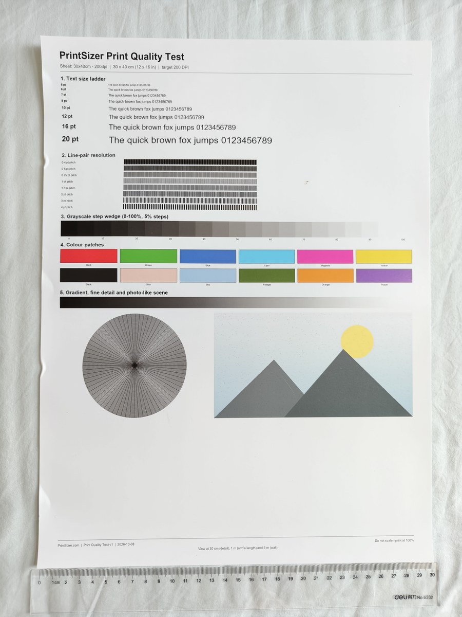 A 30 x 40 cm 200 DPI print photographed at 30 cm with a steel ruler