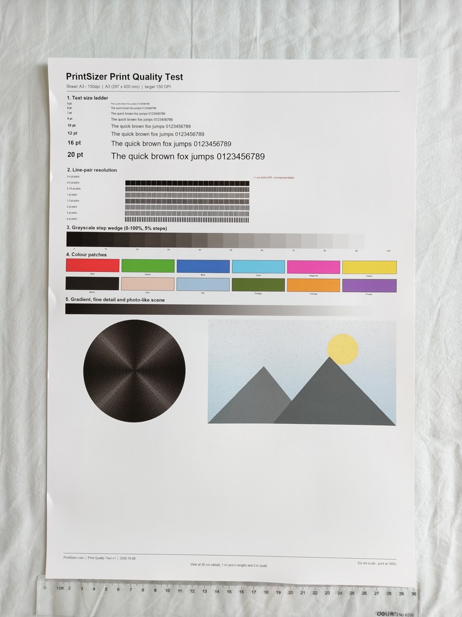A3 150 DPI print photographed at 30 cm with a steel ruler