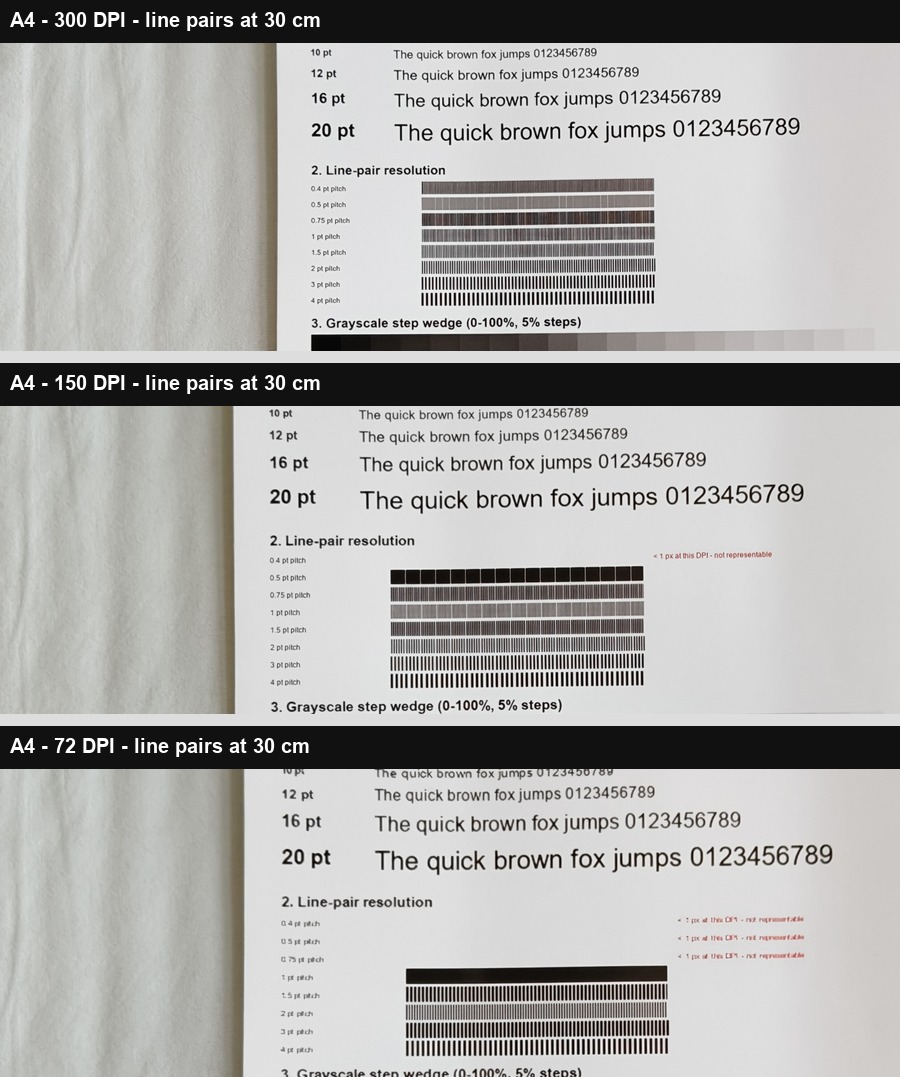 Actual printed line-pair patterns at 300, 150 and 72 DPI photographed at 30 cm
