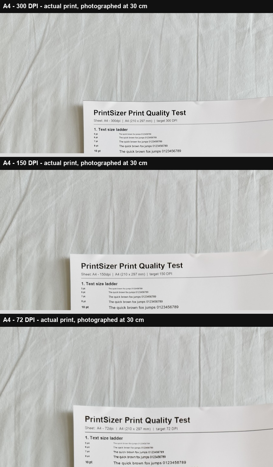 Actual printed text ladders at 300, 150 and 72 DPI photographed at 30 cm