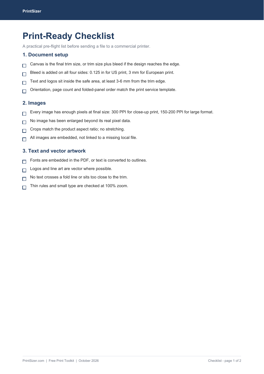 Preview of the PrintSizer print-ready checklist PDF