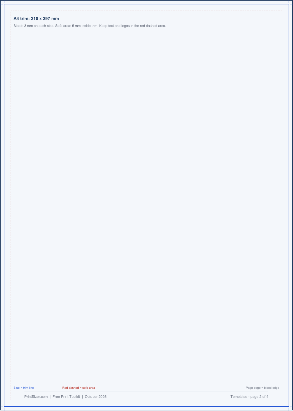 Preview of the A4 bleed and safe area template
